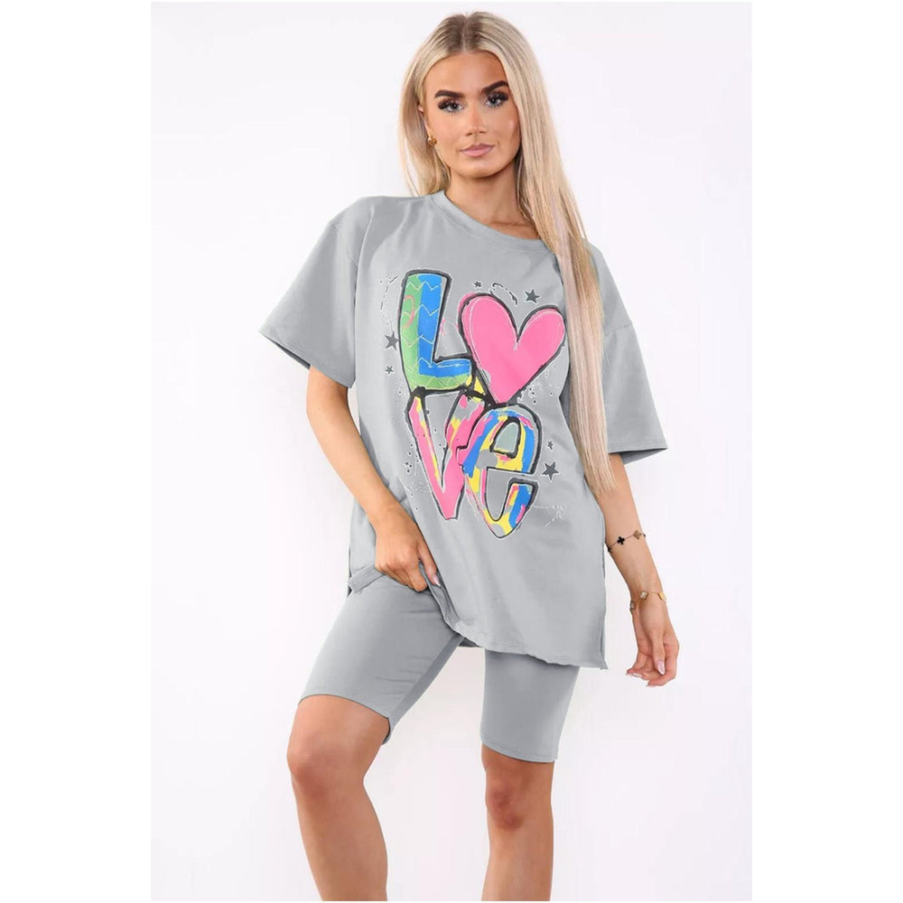 Cycling Short and T-Shirts Co-Ord Two Piece Side Slit Set with Front Printed Slogan