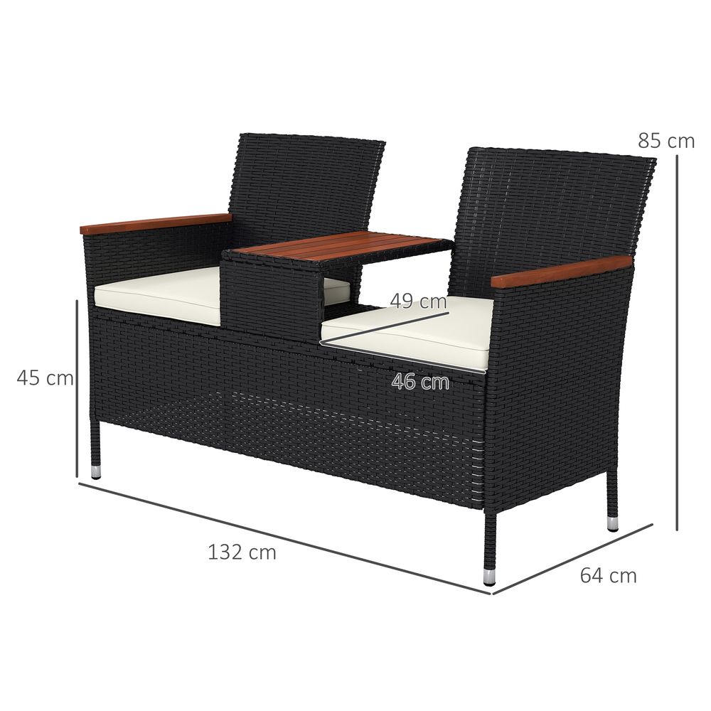 Outsunny Rattan Garden Bench - Wood Top Table - Wicker Chair - Cushions - Outdoor Furniture