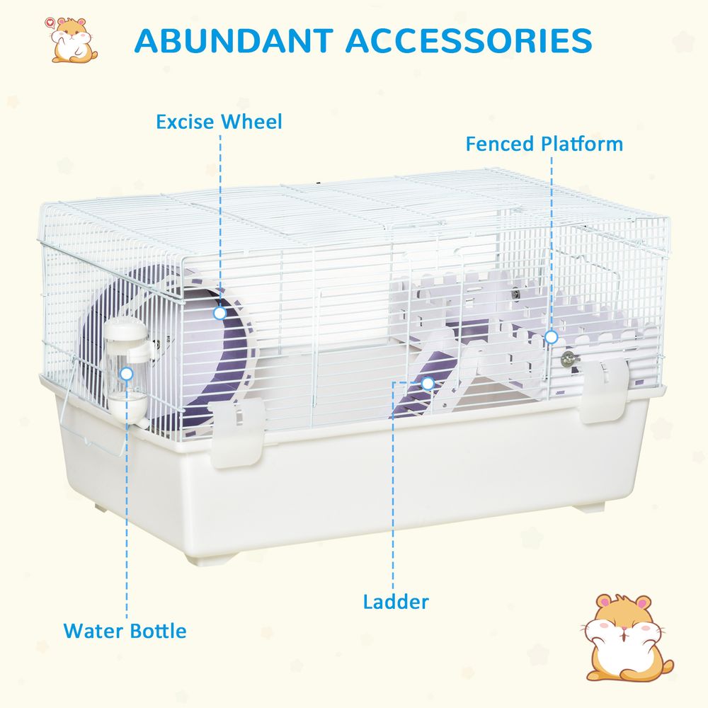 PawHut 2 Tier Hamster Cage Rodent House Small Animal Habitat with Exercise Wheel Water Bottle Ladder, White