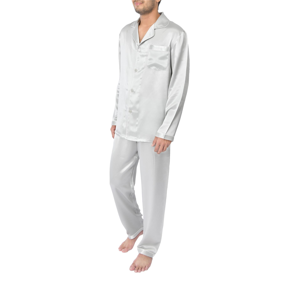 SILK PJS LONG SET MENS LARGE SILVER Pyjamas