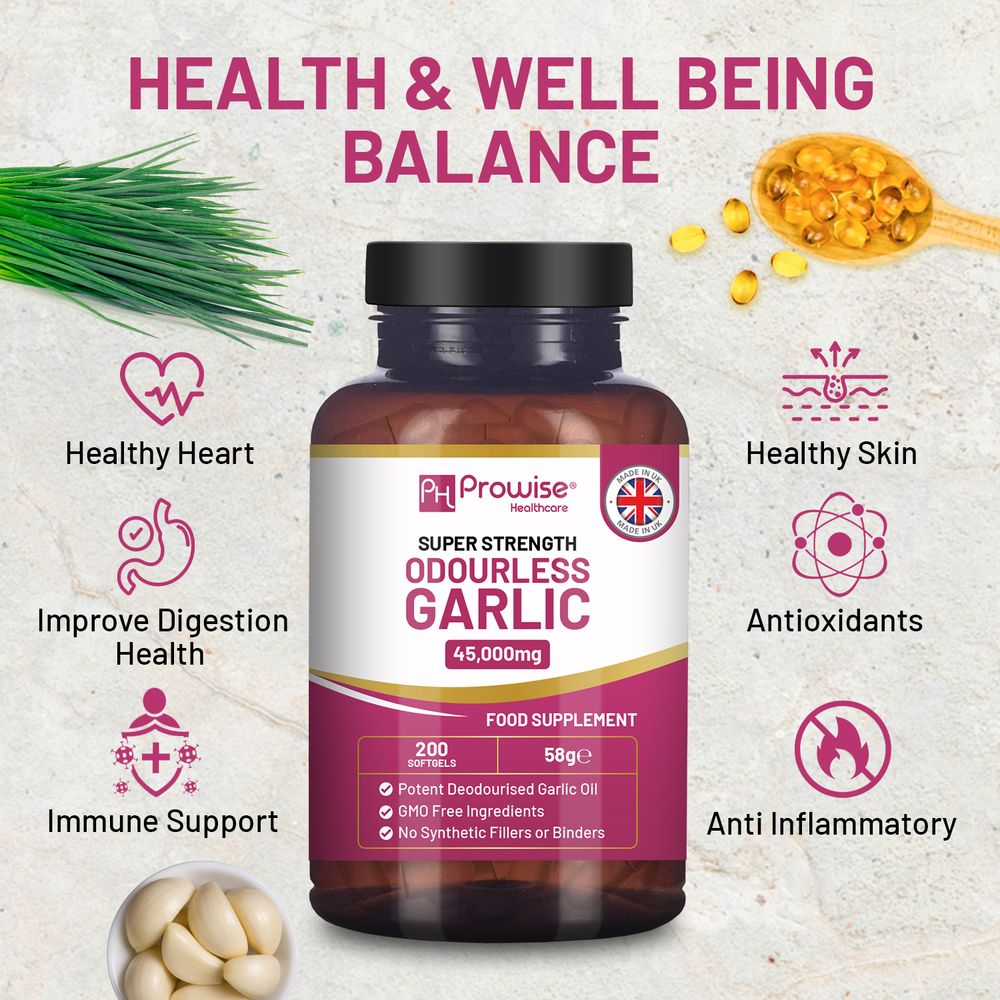 Odourless Garlic Capsules | 45,000mg per softgel | 200 softgels (not Tablets) Super High Strength | Cold Pressed and Deodourised Premium Garlic Oil Extract from Allium Sativum