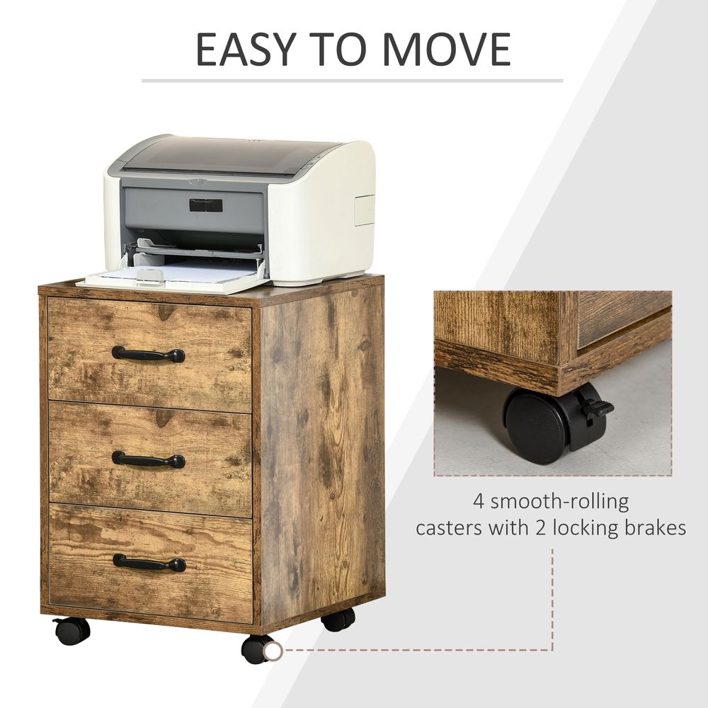 HOMCOM Mobile File Cabinet with 3 Drawers, Under Desk Home Office Organizer, Rustic Brown