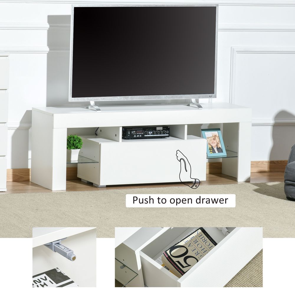 HOMCOM High Gloss TV Stand Cabinet with LED RGB Lights and Remote Control for 43"/50"/55" TV, Media TV Console Table with Storage Compartment, White