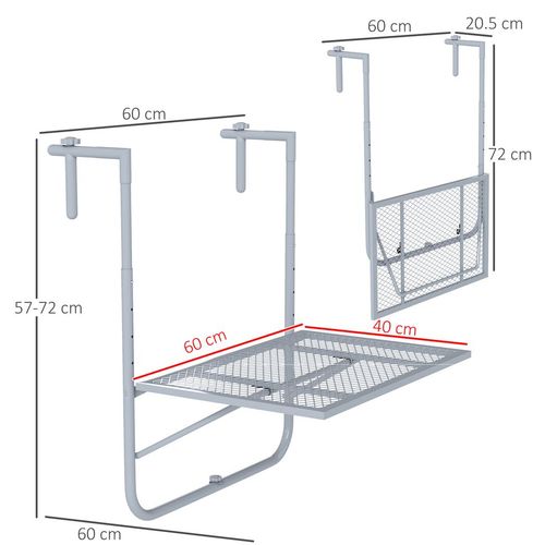 Outsunny Balcony Hanging Table Wall Mount Adjustable Folding Desk Patio Grey