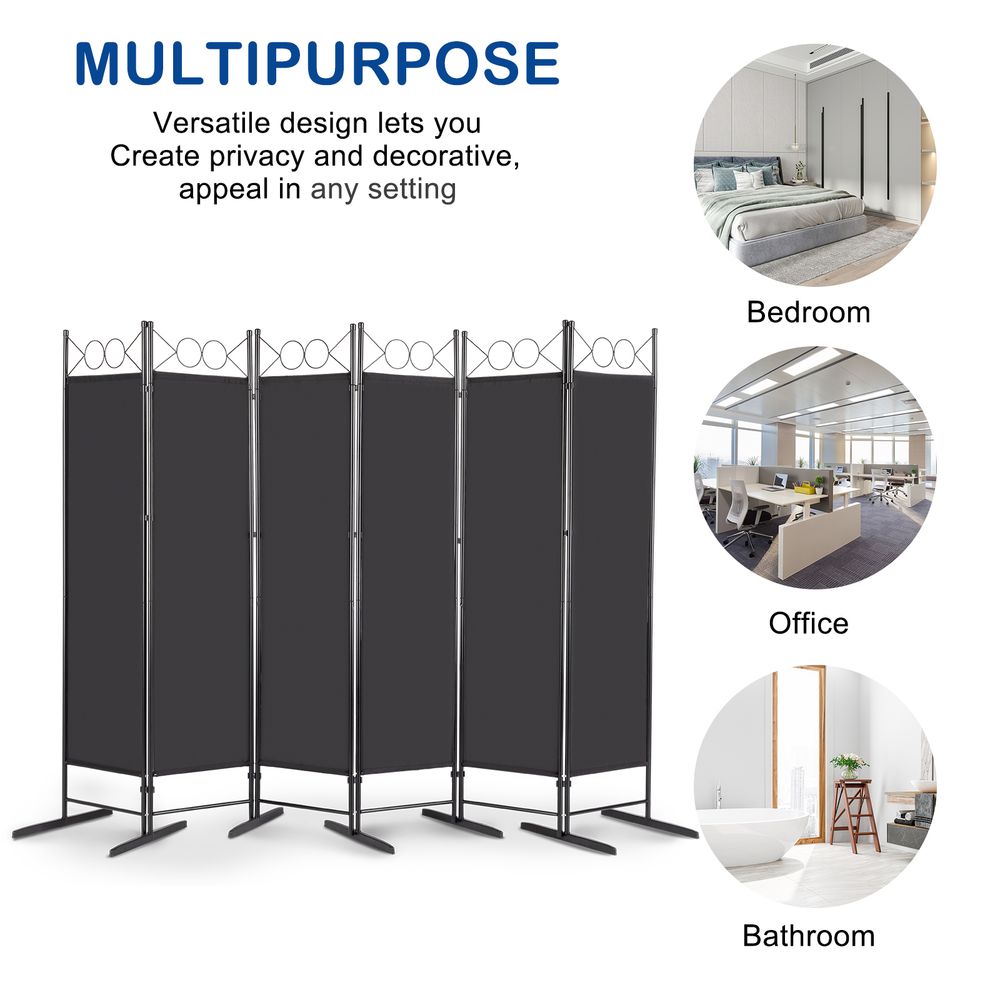 5.74FT 6-Fold Top With Shape 130g Polyester Cloth Plastic Feet Carbon Steel Frame Foldable Screen Black
