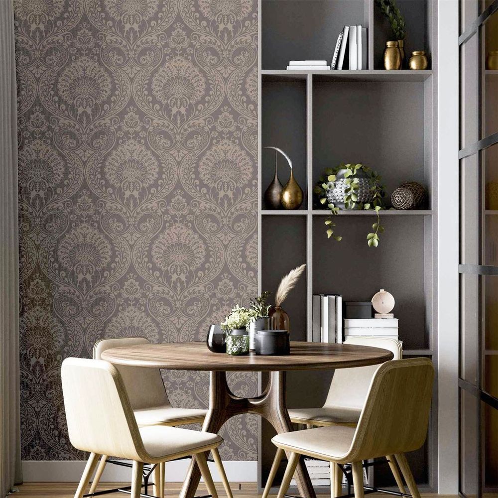 Premium Luxe Damask Chocolate Rose Gold Wallpaper - High Quality