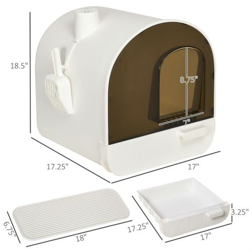 PawHut Cat Litter Box Kitten Litter Tray w/Hood, Scoop, Filter, Flap Door, 43 x 44 x 47cm - White