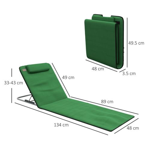 Outsunny 2 Pieces Outdoor Beach Mat Steel Reclining Chair Set with Pillow Green
