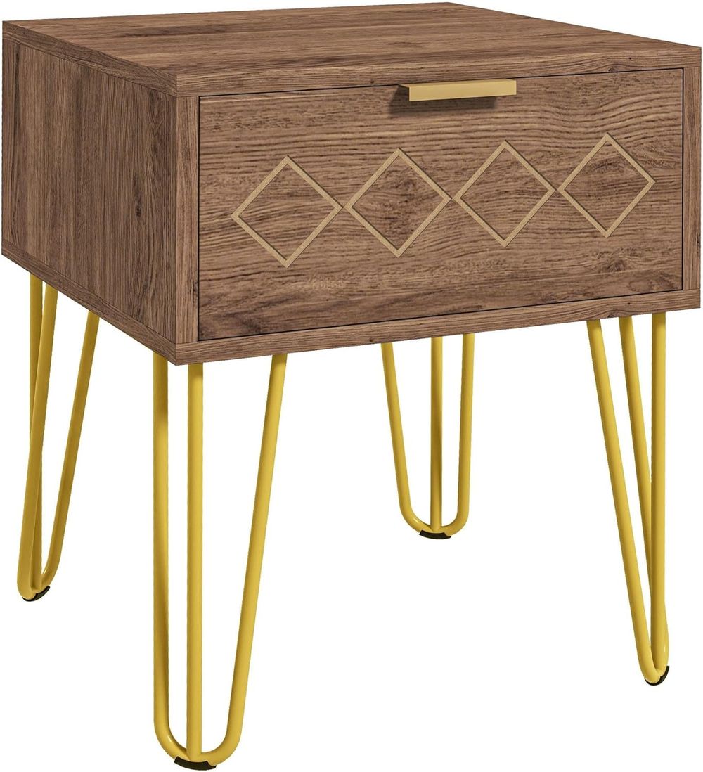 HOMCOM Bedside Table with Drawer, Gold Metal Legs for Living Room Bedroom
