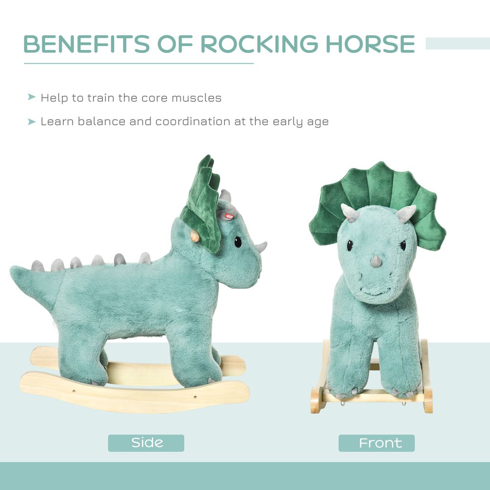 HOMCOM Kids Toddler Rocking Horse Plush Ride On Triceratops Rocker Wooden Base W/Sound for 3-6 Years Green