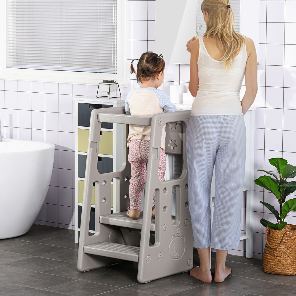 HOMCOM Kids Step Stool, Adjustable Standing Platform, Toddler Kitchen Stool, Standing Tower for Kids, Kitchen Counter with Three Adjustable Heights - Grey