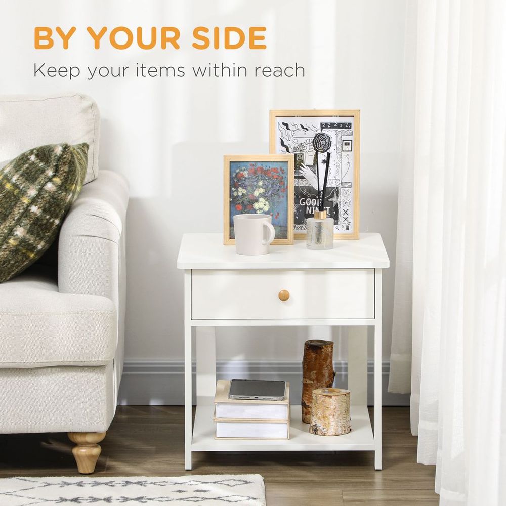 Multi-Purpose White Bedside Table with Drawer & Shelf - Storage for Bedroom, Sofa, & More