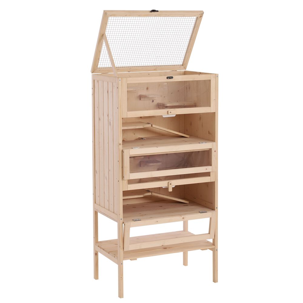 PawHut Hamster Cage Wooden Mouse Rodent Small Pet Animals 4 Laryers Tall Bottom Storage Shelf Easy Clean