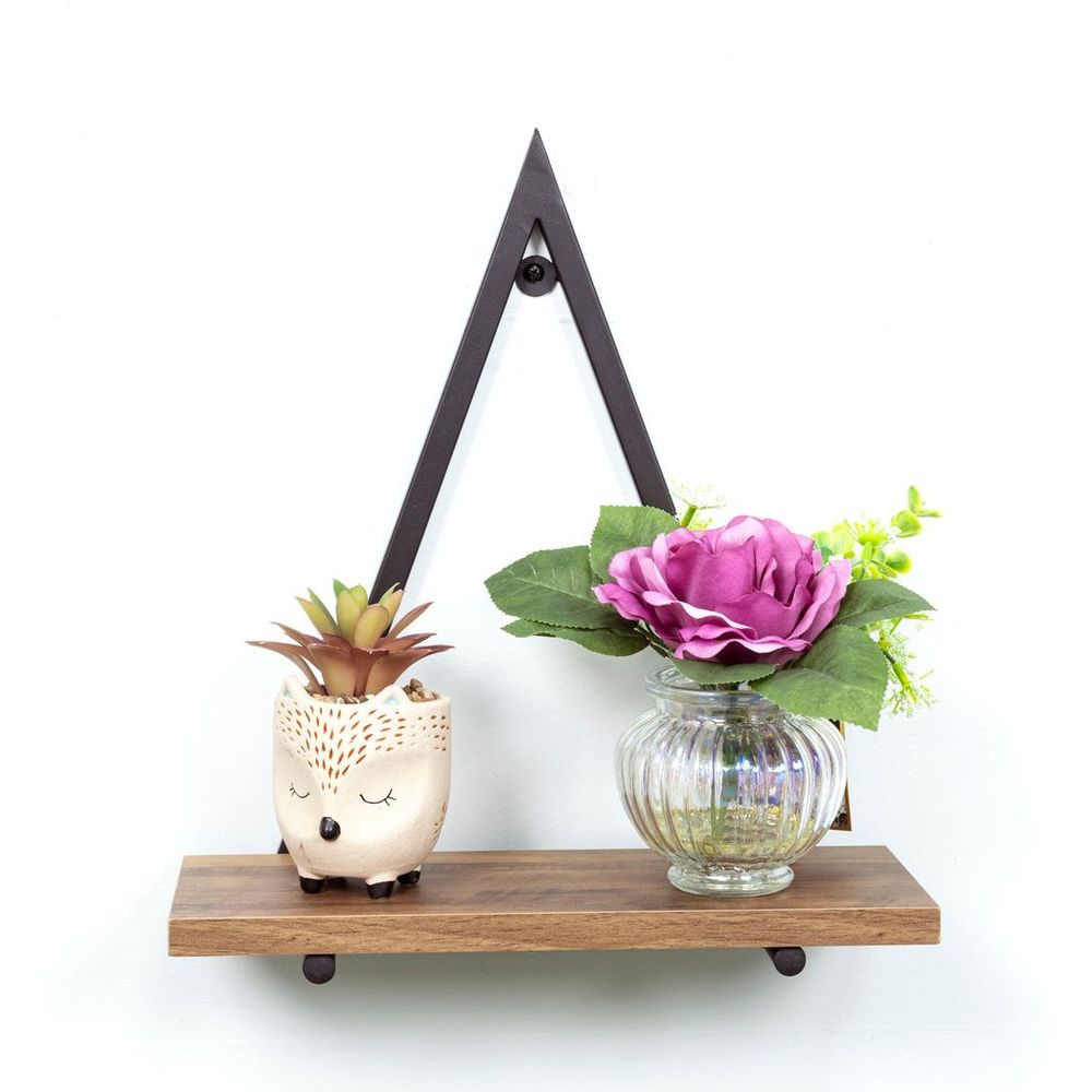 Premium Dark Oak Triangle Wall Shelf - High-Quality Black Metal Frame - PARGI