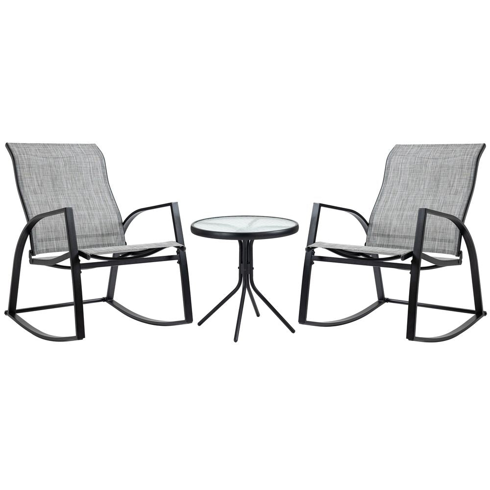 Outdoor Rocking Chair Set w/ Glass Table - Patio Bistro Furniture - Steel Frames