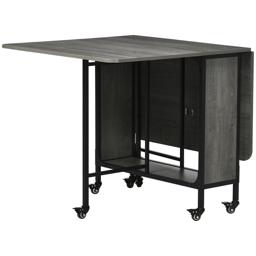 HOMCOM Mobile Drop Leaf Table Folding Kitchen Table Extendable Dining Table For Small Spaces With 6 Wheels & Storage Shelf Grey