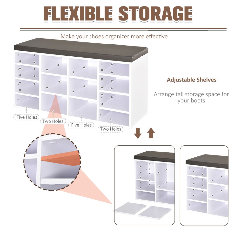 Space-Saving PU Leather Shoe Storage: 14-Compartment Bench in Brown/White