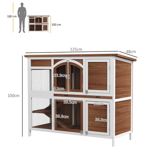 PawHut Two-Tier Wooden Rabbit Hutch w/ Openable Roof, Slide-Out Tray, Ramp