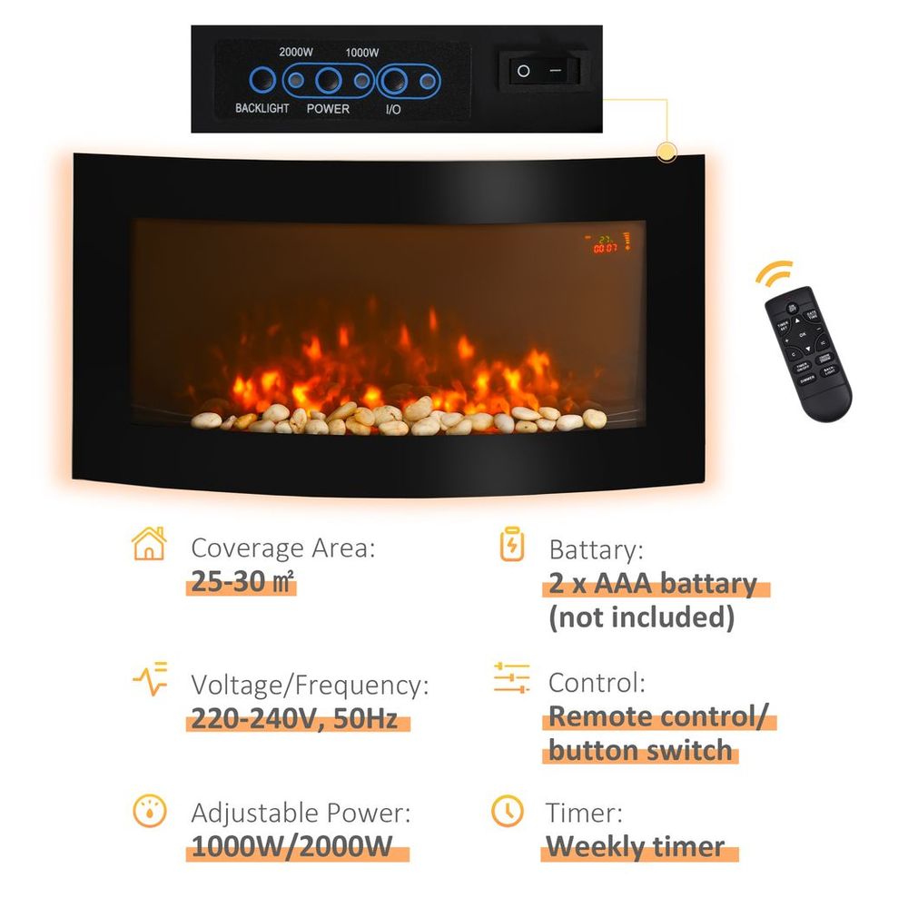 HOMCOM Electric Fireplace Wall Mounted Led Flame Curved Back Side Lights Heater