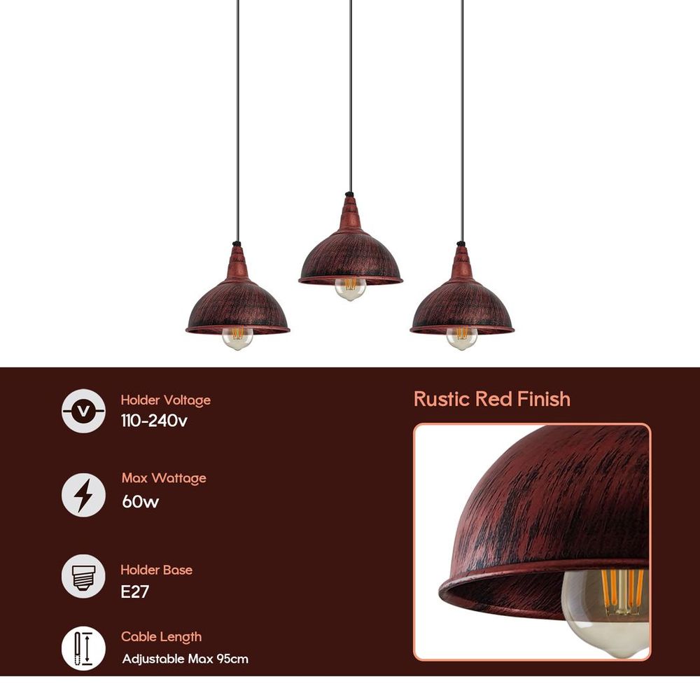 Vintage Industrial Rustic Red 3 Head Pendant - Metal Brushed Light Fitting - Small Dome Lamp Shade - E27 Base