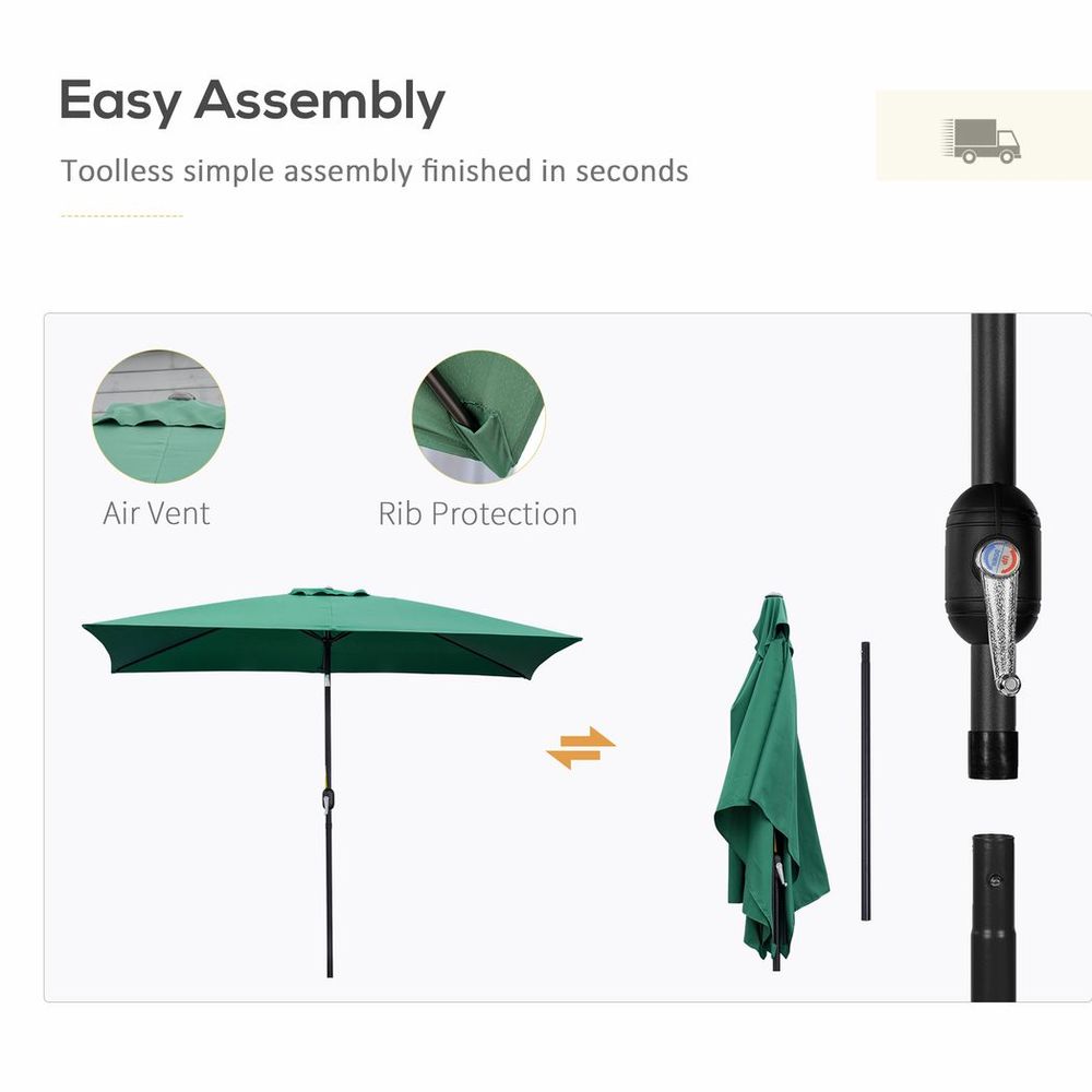 Premium 3x2m Patio Parasol - Tilting, Crank, 6 Ribs - Sun Shade, Garden Green - High Quality