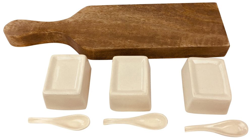 Handcrafted Wooden Tray Set: Dip Bowls & Spoons, Rustic Design - 36cm