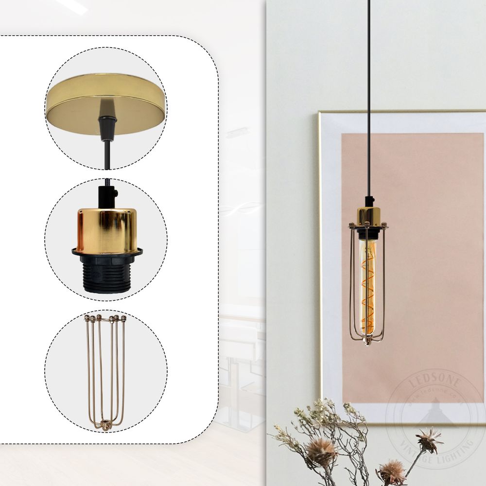 Single Ceiling E27 Pendant Light - Industrial Vintage Hanging Lamp, Wire Cage Design