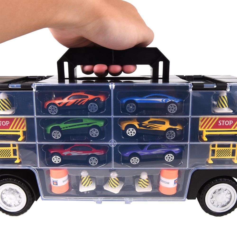 Soka Car Transporter Carrier Truck Toy - Play Vehicle Set of 1 Big Truck Carrier, 6 Colourful Metal Cars, 5 Cones, 2 Barrels and 4 Stop Signs