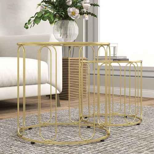 HOMCOM Coffee Table Set of 2, Nest of Tables with Metal Frame, Gold Tone