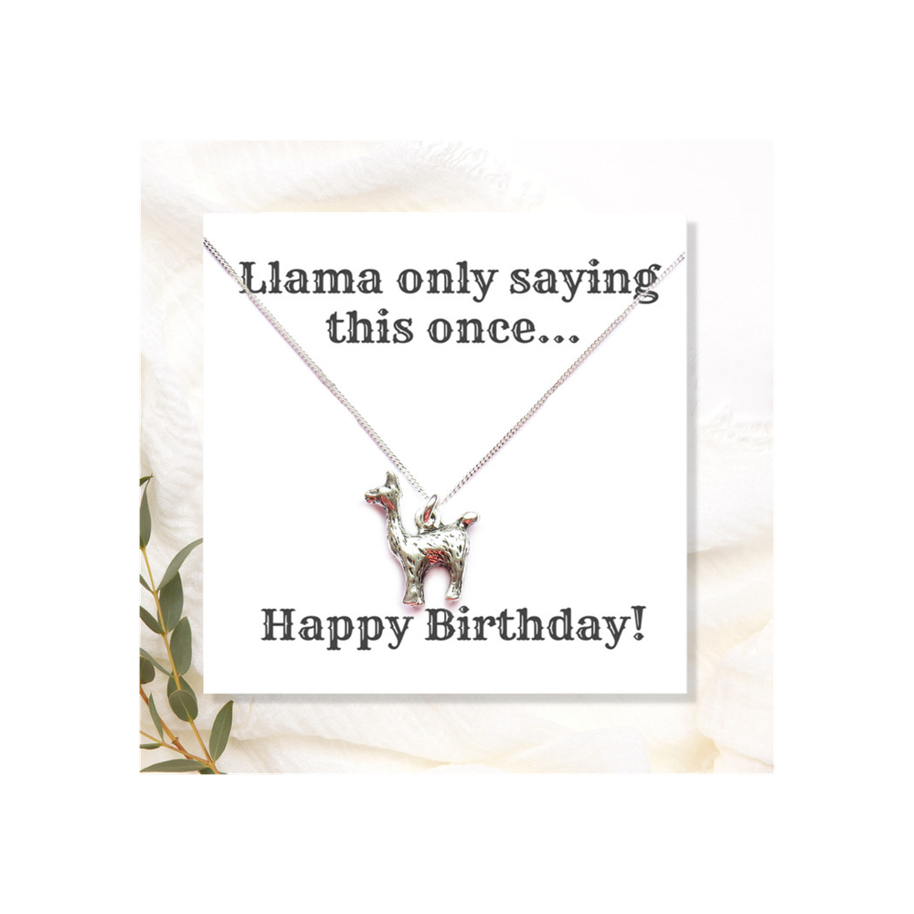 Happy Birthday Llama Necklace on Funny Message Card
