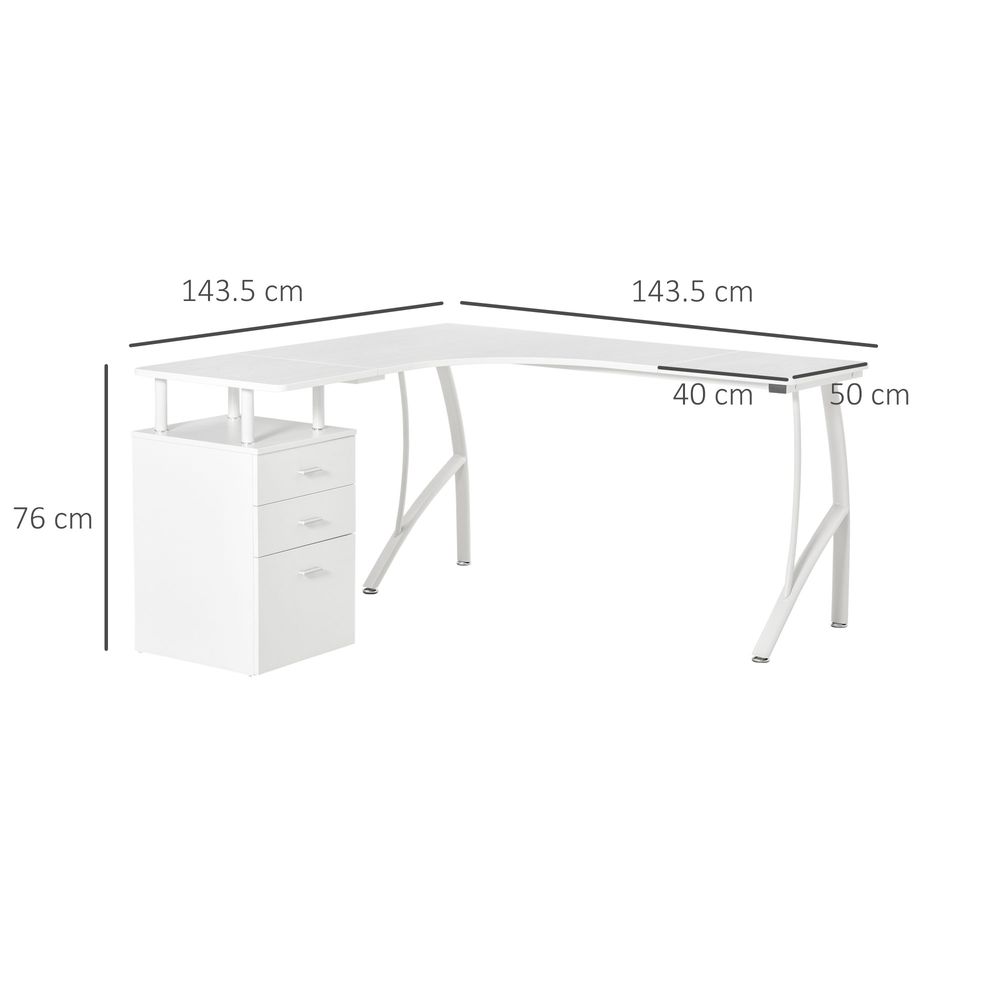 HOMCOM L-Shaped Computer Desk Table with Storage Drawer Home Office Corner Industrial Style Workstation for A4 Files 143.5 x 143.5 x 76cm, White