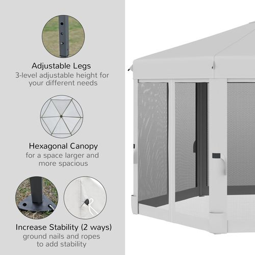3.2m Pop Up Gazebo Hexagonal Canopy Mesh Sidewalls, Bag, Light Grey