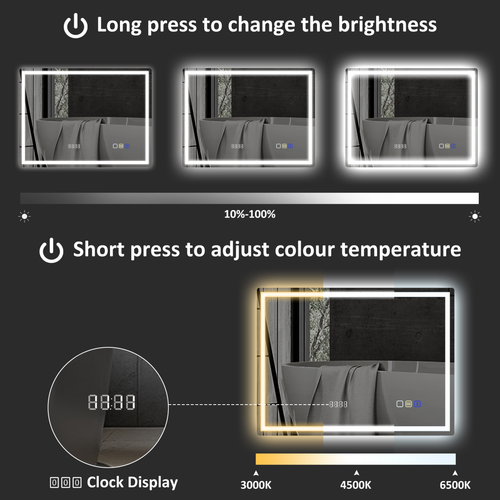 HOMCOM 600 x 800 mm Bathroom Mirror with Bluetooth Clock Lights Demister Pad