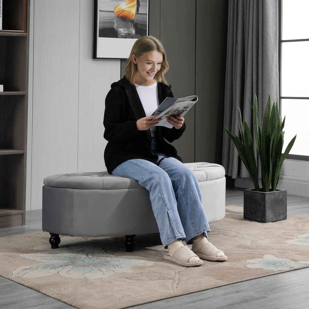 HOMCOM Semi-Circle Bed End Bench Ottoman with Storage Tufted Upholstered Accent Seat Footrest Stool with Rubberwood Legs for Bedroom & Entryway, Dark Grey