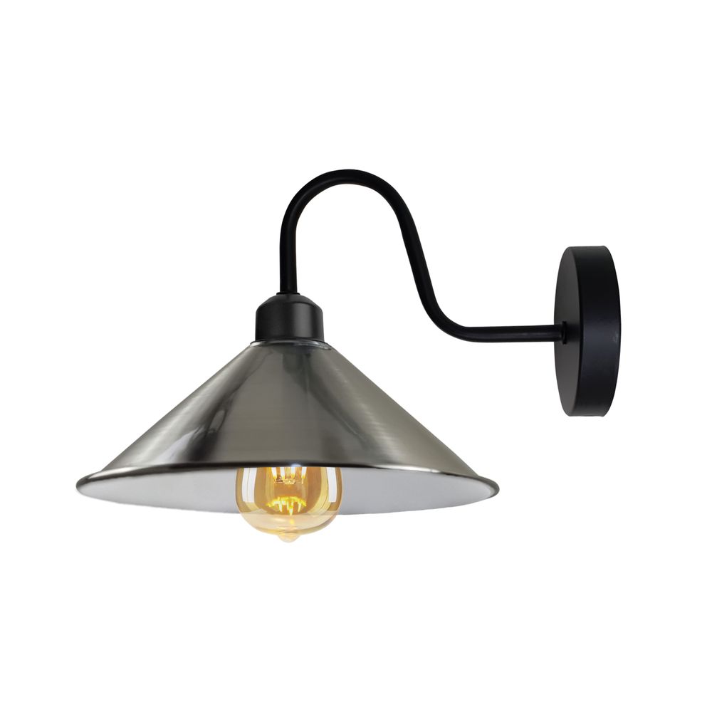 Elegant Satin Nickel Wall Light Fixture with Black Wall Sconce - Vintage Style, E27 Base, Swan Neck Cone Shade