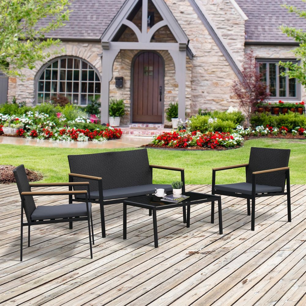 Premium Outdoor 4-Seater Rattan Dining Set - Black, Comfortable Cushions, Tempered Glass Top