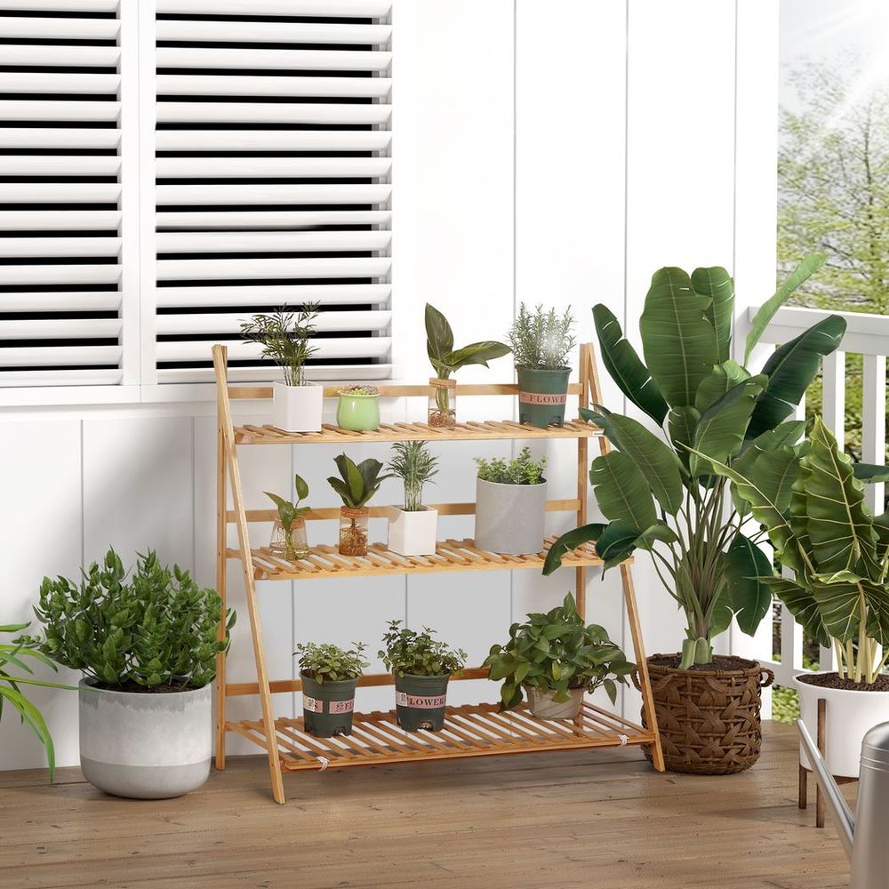 3-Tier Bamboo Plant Stand: Indoor/Outdoor Display Shelf, Folding Design - Strong, Water-Resistant