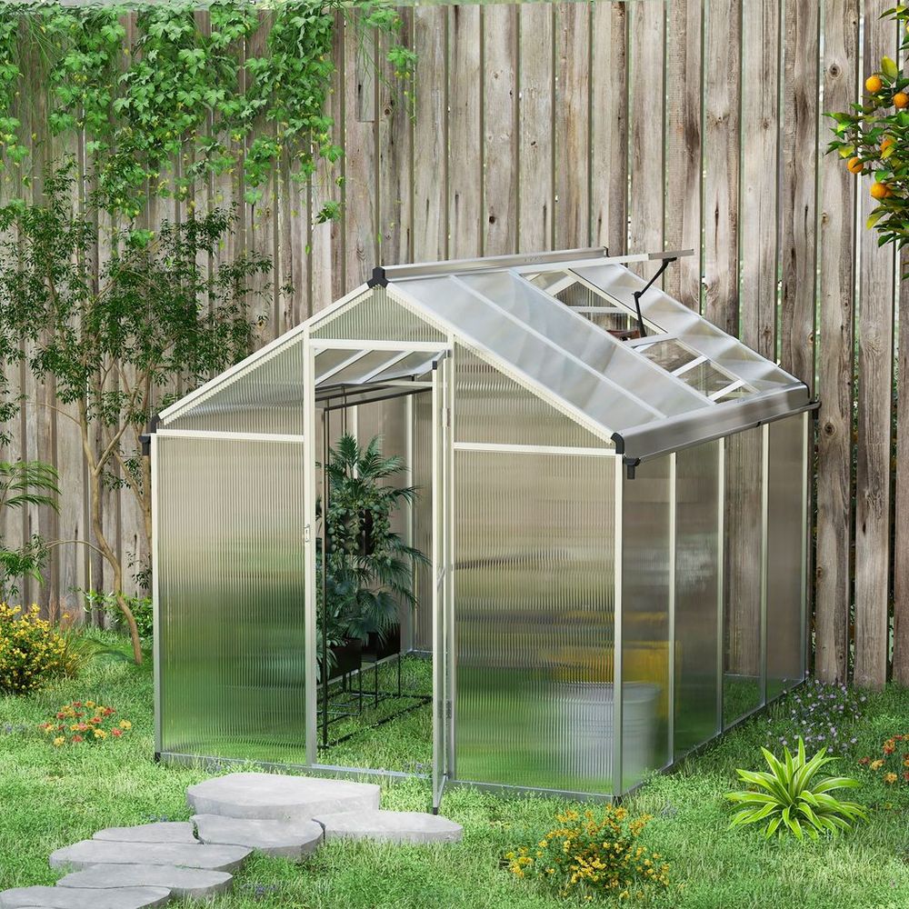 Outsunny 8x6ft Aluminium Greenhouse: Door Window Galvanised Base PC Panel