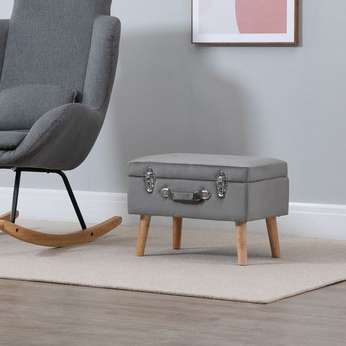 HOMCOM Velvet-Touch Suitcase Storage Stool Ottoman Suitcase 2 Latches Wood Legs