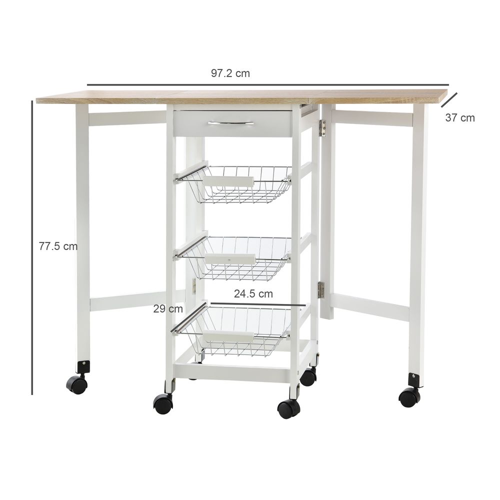 MDF Extendable Kitchen Island Trolley - White, Steel Drawers, Oak Countertop