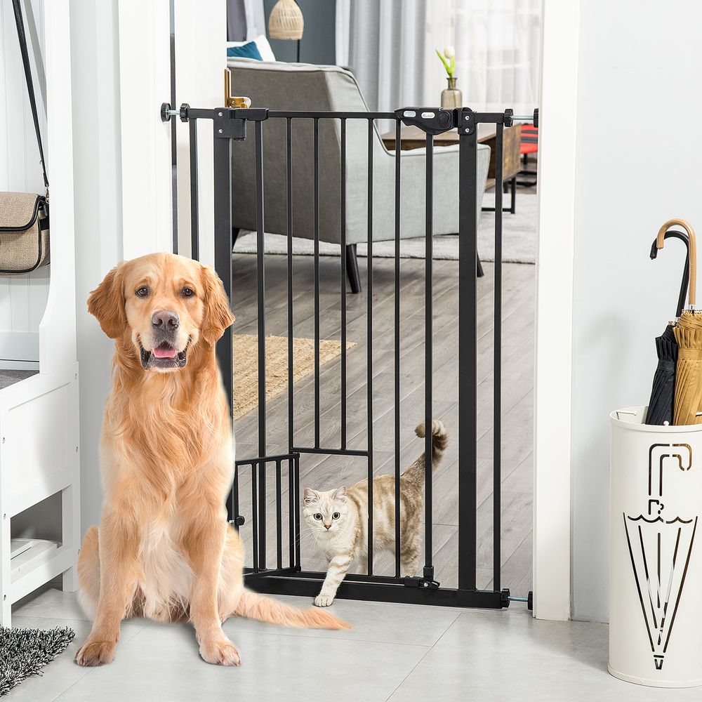 PawHut Extra Tall Dog Gate with Cat Flap, Pet Safety Gate for Doorways Stairs with Auto Close Double Locking, 104 cm Tall 74-80 cm Wide, Black
