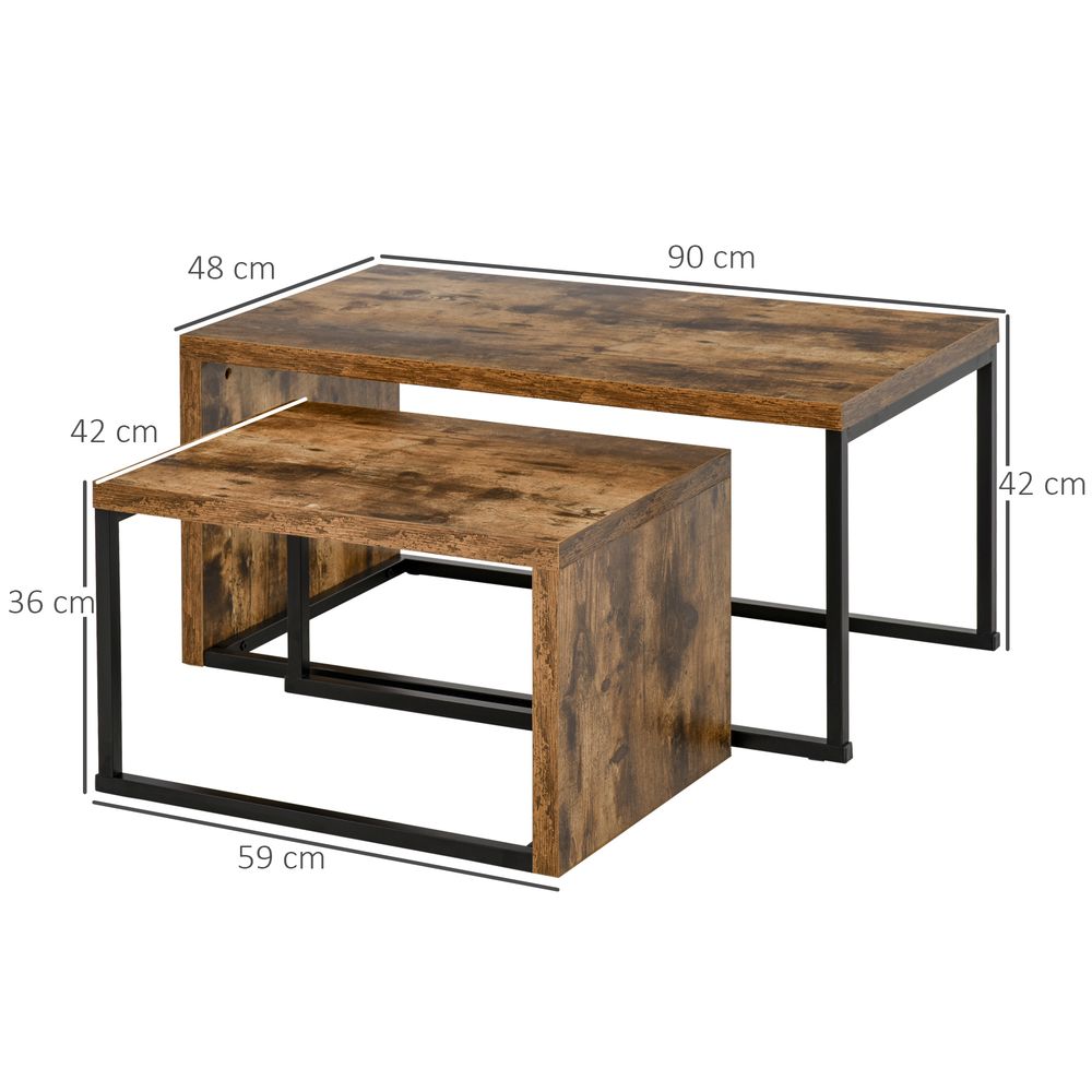 HOMCOM Coffee Tables Nesting Table Set of 2 Side Table w/Metal Frame for Living Room Bedroom Black & Brown