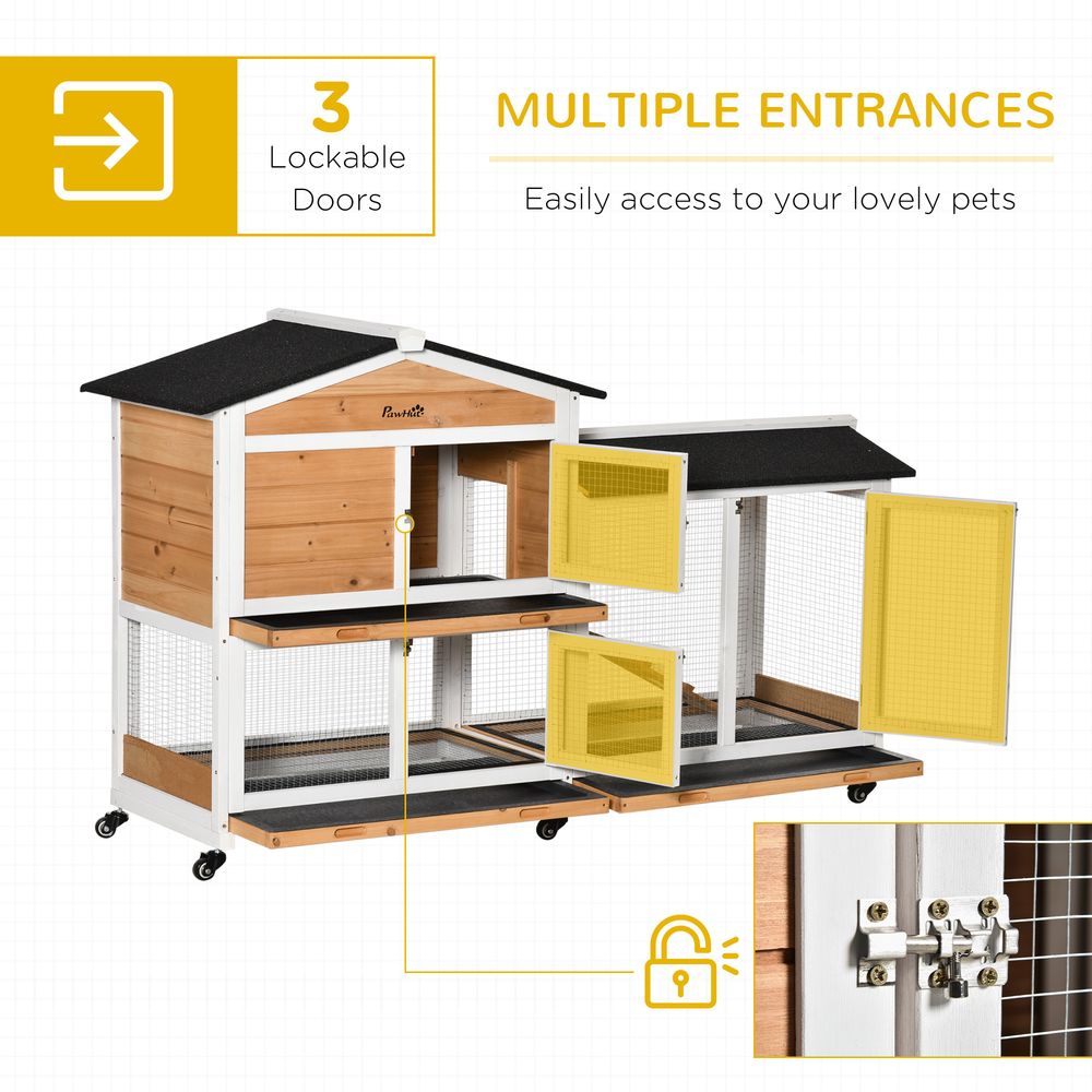 PawHut Rabbit Hutch Outdoor with Run Guinea Pig Hutch 2-Tier Bunny Cage w/Wheels No-Leak Plastic Tray 157.4 x 53 x 99.5 cm - Yellow