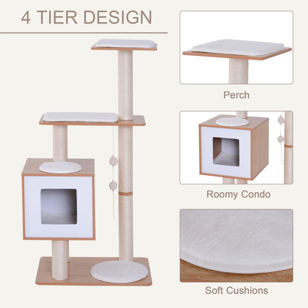 PawHut Wood Cat Tree Scratching Post for Indoor Cats Kitten House Condo Activity Center w/Cushion Hanging Toy Multi-level