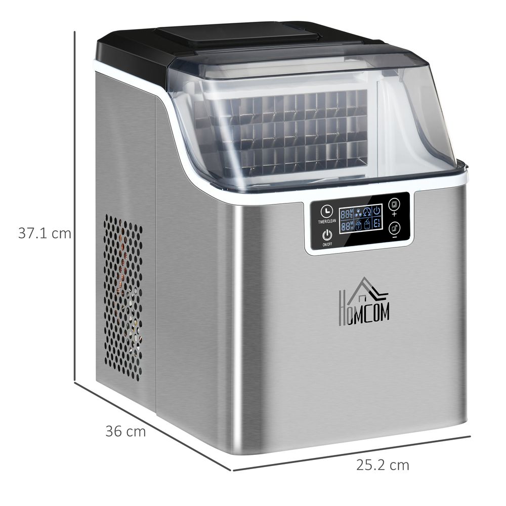 HOMCOM Ice Maker Machine Countertop, Stainless Steel Portable Ice Cube Maker, 2 Ways to Add Water, 24kg/Day, 24 Pcs Ready in 14 Mins, Self-Cleaning with Scoop & Basket, 3.2L, for Home Office, Silver