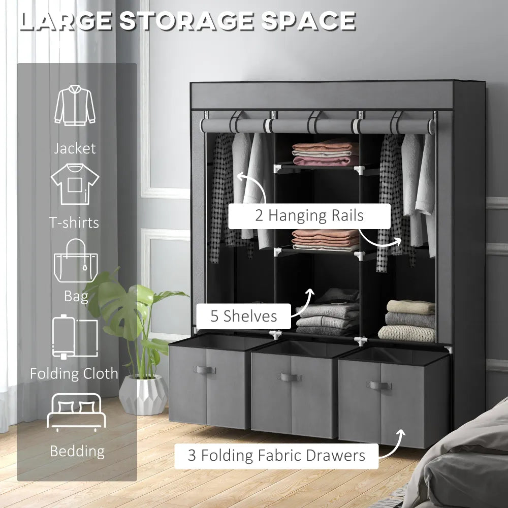 HOMCOM Portable Wardrobe - 5 Shelves, 3 Drawers, 2 Rails - Grey