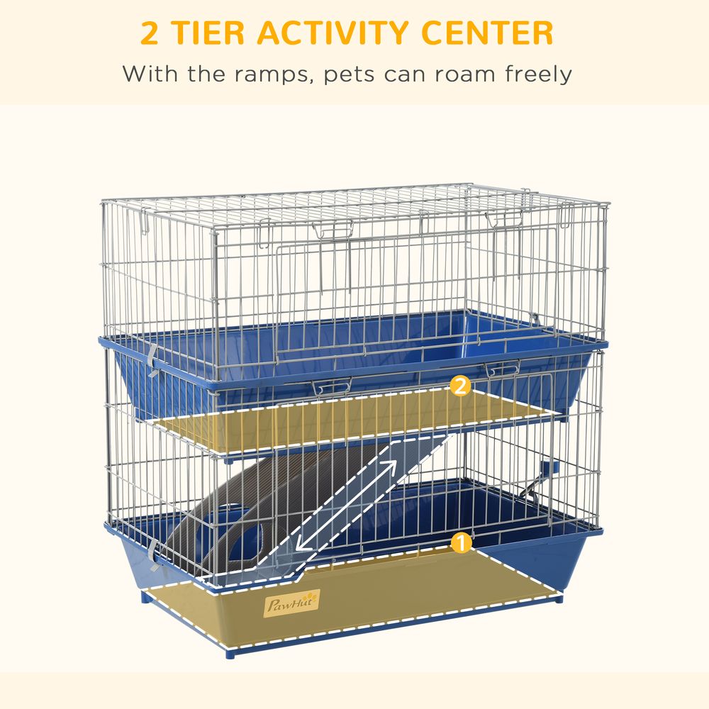 PawHut Double Tier Small Animal Cage Rabbit Chinchillas Cage w/Ramp Food Dish Water Bottle Deep Trays Pet Home 72 x 44 x 67 cm
