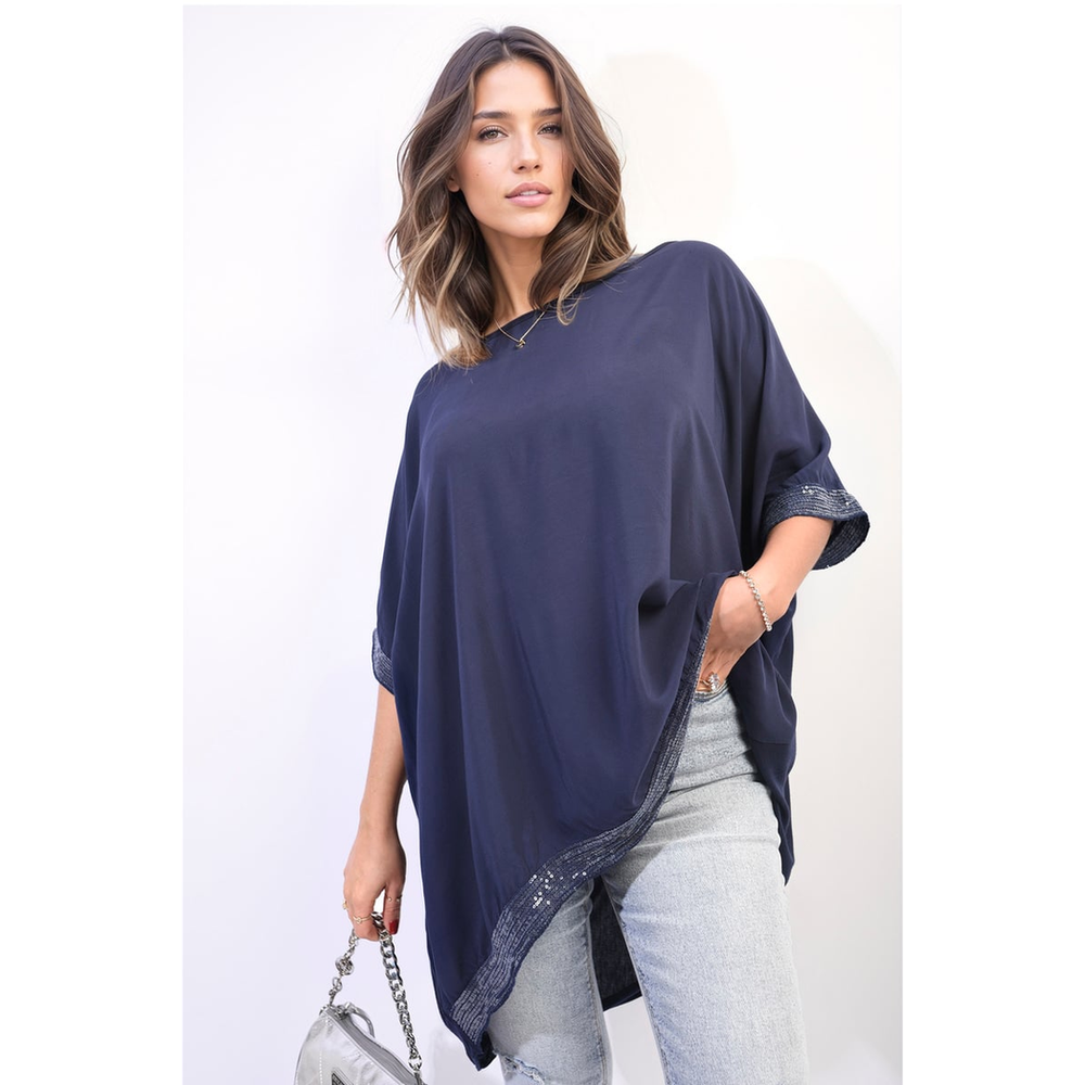 Oversized Sequin Hem Flare Sleeve Top