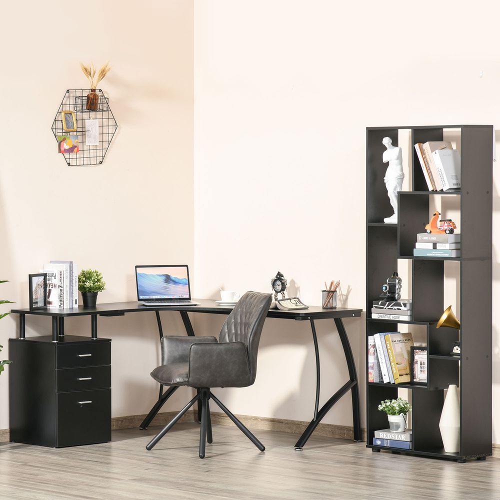 HOMCOM L-Shaped Computer Desk Table with Storage Drawer Home Office Corner Industrial Style Workstation for A4 Files 143.5 x 143.5 x 76cm, Black
