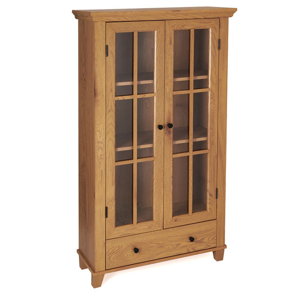 Greenhurst Display Cabinet, Media Storage with Shelving and Drawer, Double Perspex Doors H132.5 W76cm D30cm (Oak)